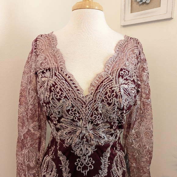 Soieblu Burgundy Lace Long Sleeve Dress - Picture 2 of 12